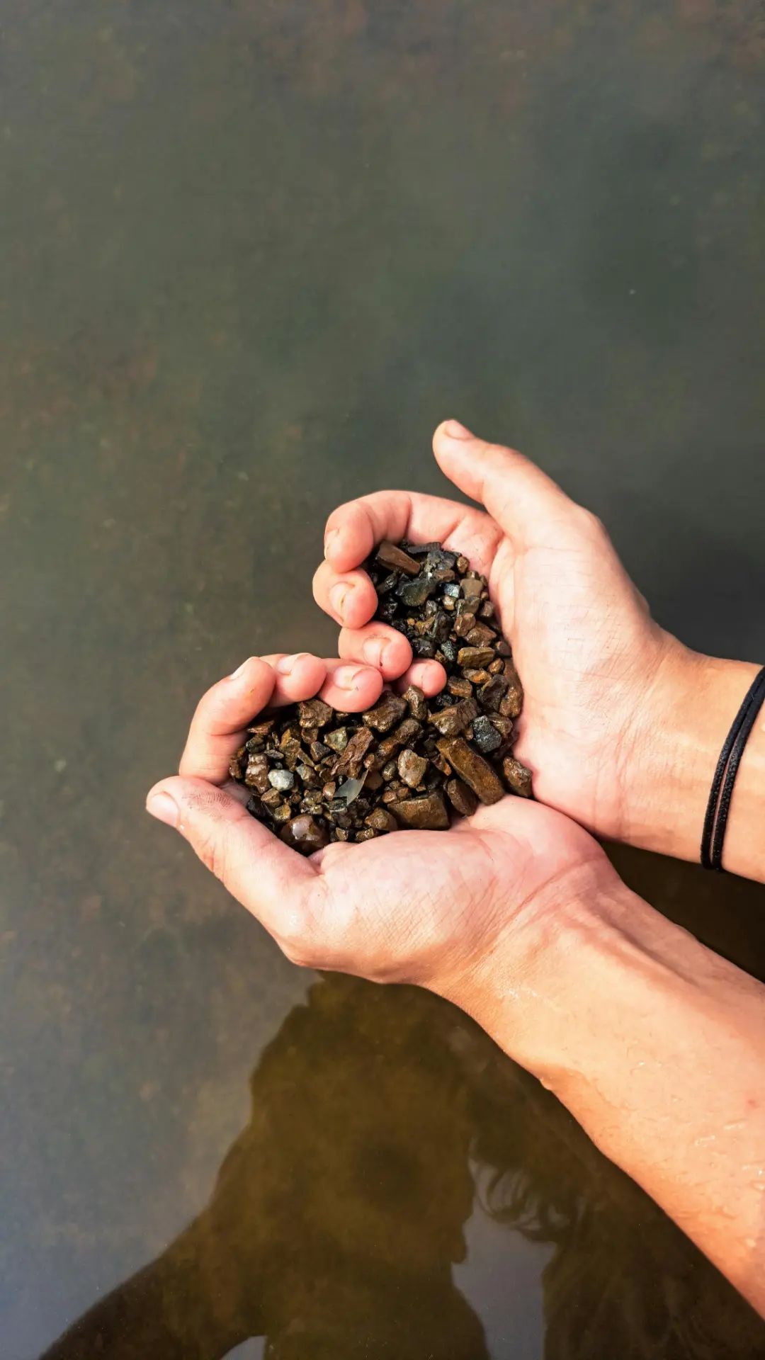 Amor por la naturaleza y la sostenibilidad Dos manos sobre el agua del río sosteniendo pequeñas piedras reunidas para formar la figura de un corazón.