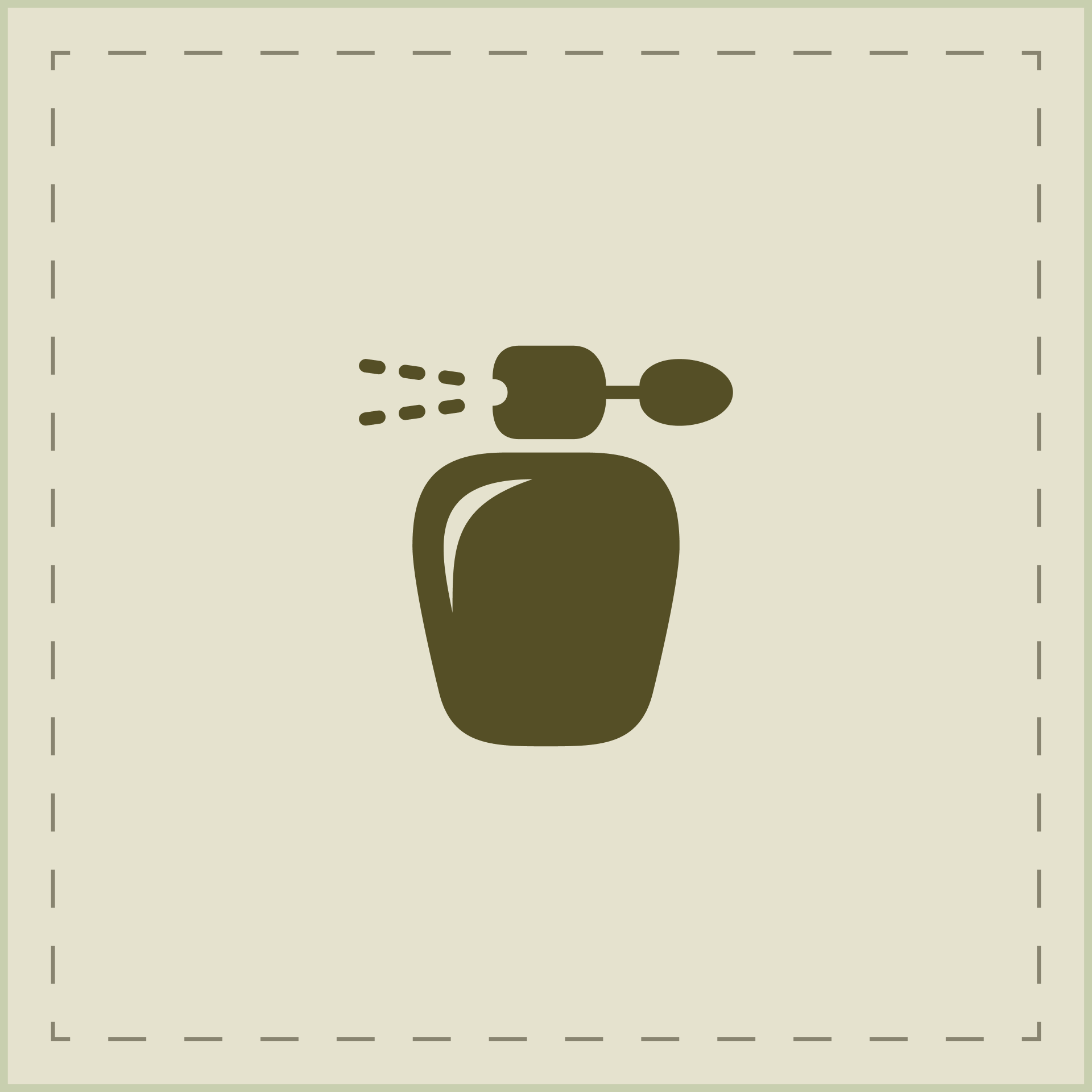 Guía de tallas: Envoltorio Talla S para frascos de perfume Icono ilustrativo de un frasco de perfume con atomizador en tono marrón sobre fondo beige, ejemplo de uso para envoltorios talla S.